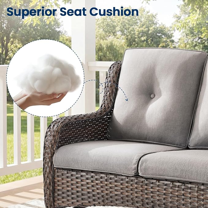 Patio Loveseat Sofa, Outdoor Wicker Loveseat with Luxury Thick Cushion, All-Weather Patio Furniture Set, Outdoor Glider Bench for Garden Balcony Backyard(Brown Wicker/Grey Cushion)