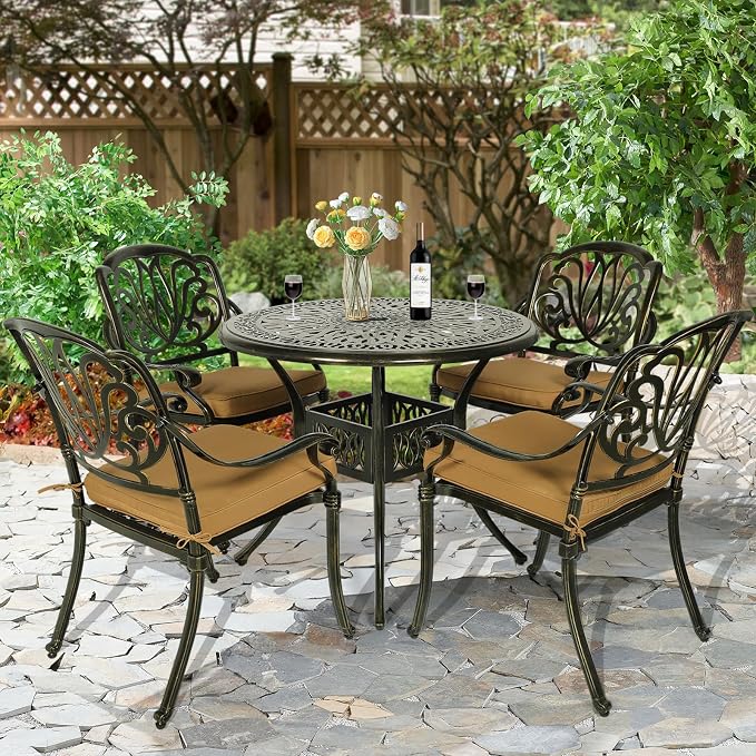 5-Piece Outdoor Patio Dining Set, All-Weather Cast Aluminum Patio Furniture Set for Backyard Garden Deck with 4 Chairs, 4 Cushions and 35.4" Round Table, 2" Umbrella Hole