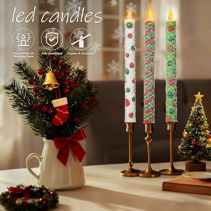 Christmas Elf Flameless Taper Candles - 6PCS Glitter Christmas Green Elf Theme Flickering LED Battery Operated Sea Salt Candles with Remote, Real Wax Party Decoration Candlesticks, Xmas Table Decor