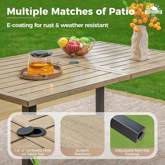 SUNSHINE VALLEY Patio Dining Set for 6, Rectangular Wood-Like Metal Table with Umbrella Hole and 6 Dining Chairs, Outdoor Table and Chairs for Lawn Garden Backyard and Deck,Blue