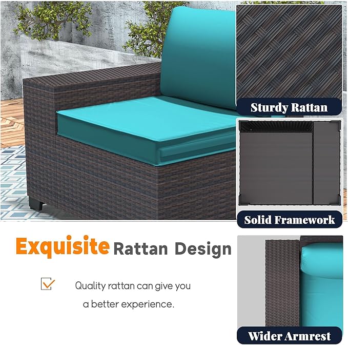 Patio Furniture Set 6 Pieces Outdoor Sectional Sofa Set,PE Rattan Wicker Patio Conversation Set with Thickened Cushions and Glass Coffee Table,Blue
