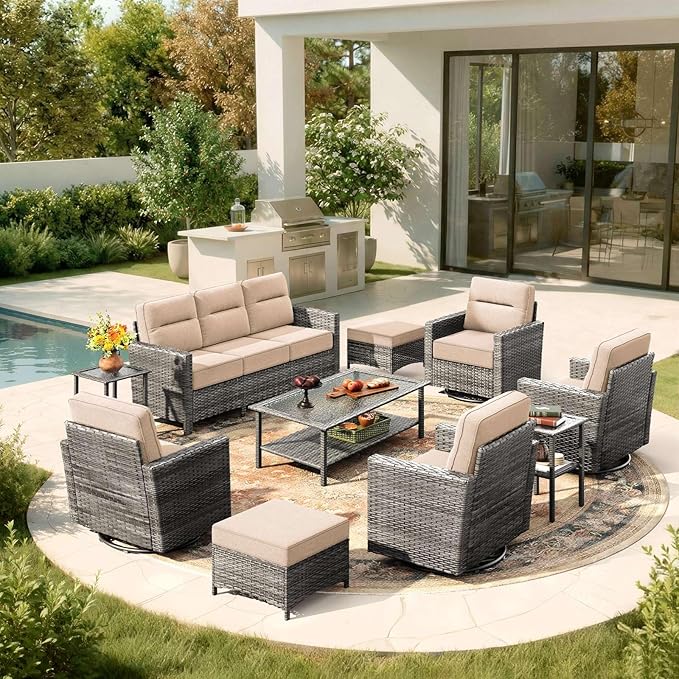 Luxury 10-Piece Patio Furniture Set with 6-Inch Thick Cushions, Outdoor Couch and Swivel Rocker Chairs, Wicker Conversation Set for Porch, Deck, Yard, Pool in Beige