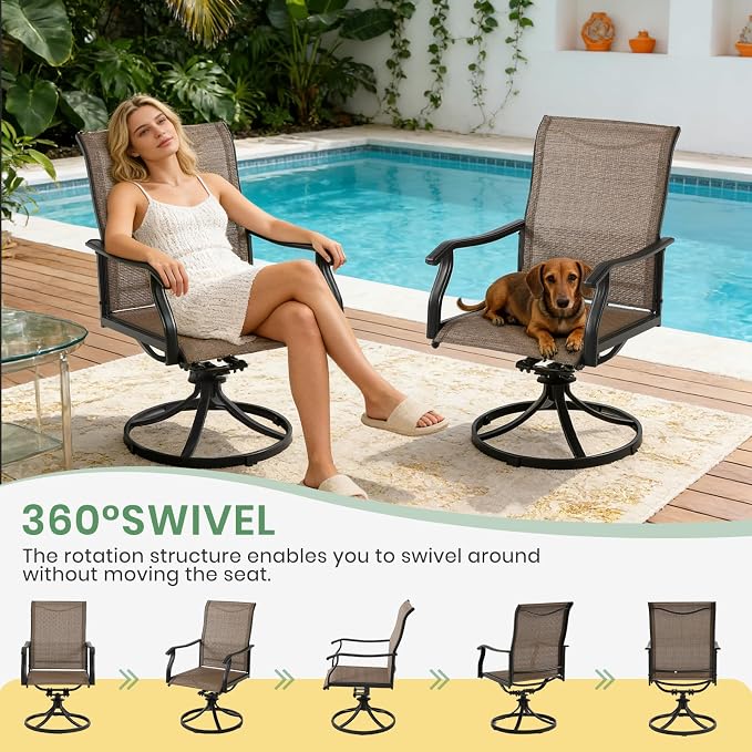 LVUYOYO 7-Piece Outdoor Patio Dining Set, Textilene Swivel Dining Chairs & Rectangular Table Set, All-Weather Table and Chairs Set with Umbrella Hole for Backyard, Garden,Balcony,Porch (Brown)