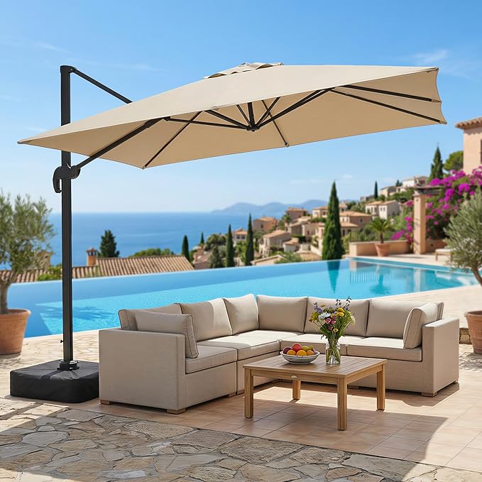 Olilawn 9' X 12' Patio Umbrella with Base Included, Large Outdoor Cantilever Offset Patio Umbrellas Rectangular Aluminum Umbrella with 360-degree Rotation & Infinite Tilt Adjustment for Backyard Hosting, Poolside Luxury, Garden Soirees, Coastal Deck En...