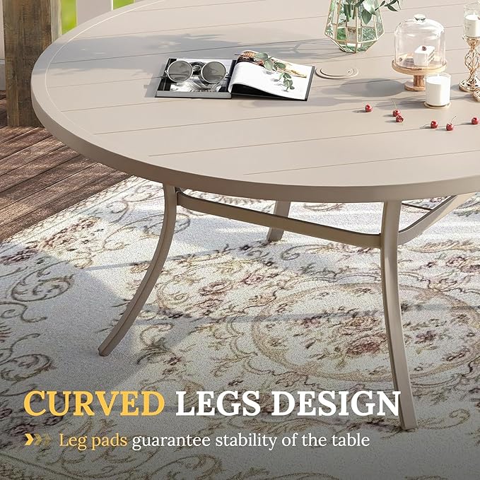 VICLLAX Large Patio Dining Furniture Set, Outdoor Dining Set for 10-60" Round Outdoor Table and Patio Stackable Chairs, Sandshell Color Tabletop and Fabric