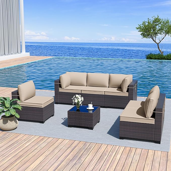 Patio Furniture Set 7PCS Outdoor Furniture for Backyard Sectional Sofa Set, Rattan Wicker Patio Conversation Set with 4 Inch Thickened Cushions and Glass Coffee Table, Sand