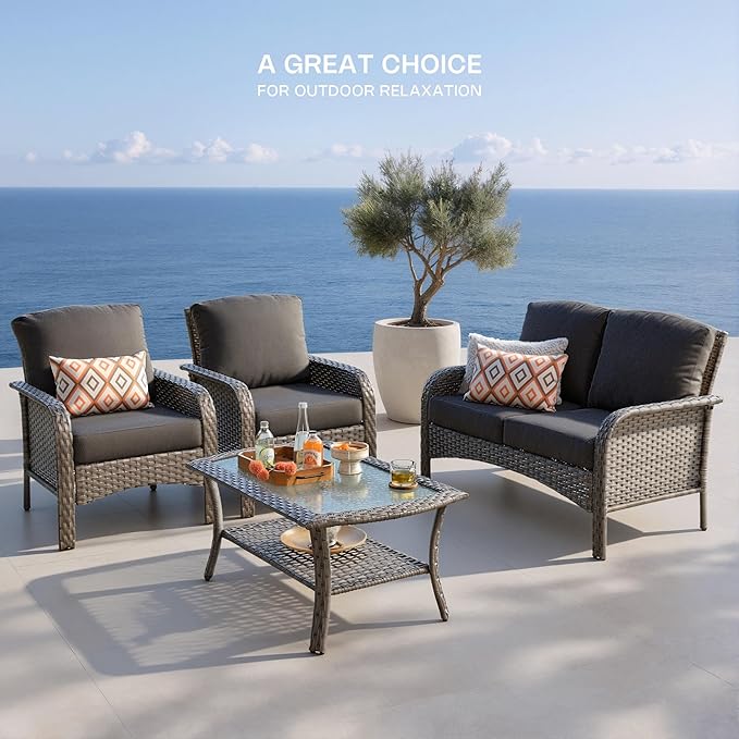 4-Piece Patio Furniture Set, Outdoor Wicker Furniture with Coffee Table, All Weather High Back Loveseat Patio Chairs, Modern Rattan Outdoor Chairs Conversation Set for Porch, Balcony, Garden,Black