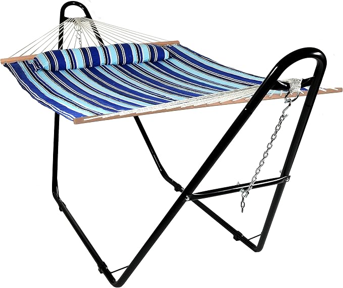 Sunnydaze Quilted Double Hammock with Stand for Outside - 440 lb Capacity Universal Black Steel Stand - UV Resistant, Quick Dry Fabric - Pillow, Chains, and Hardware Included - Catalina Beach