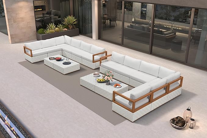 PURPLE LEAF Patio Outdoor Furniture Set 16 Pieces, Premium Leather Outdoor Couch Sectional Sofa, L-Shaped Patio Conversation Sets with Olefin Cushions, Patio Couch for Porch, Balcony, Garden, White