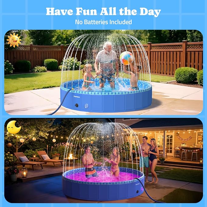 Foldable Kiddie Pool with Sprinkler RGB LED Light, 87" Collapsible Hard Plastic Dog Swimming Splash Pool for Small Medium Large Doggie Kitty Puppy, Pet Bathing Tub Wading Pool for Dogs Blue