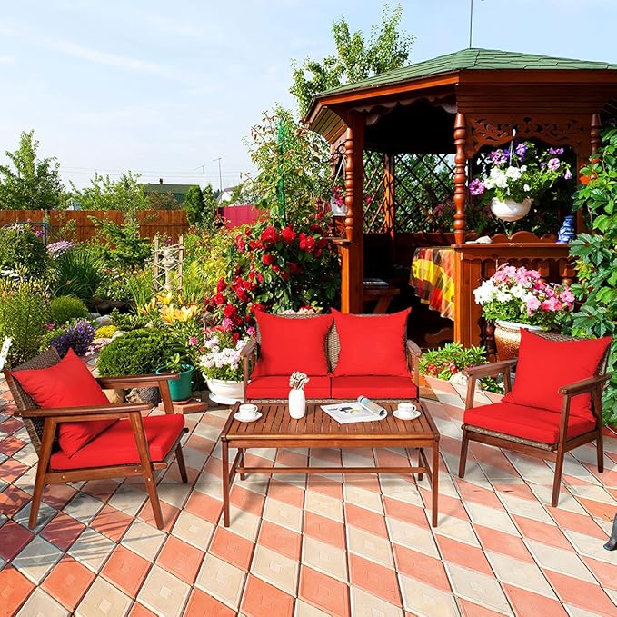 Tangkula 8 PCS Patio Wood Sofa Set, Outdoor Acacia Wood Seating Chat Set with Cushions & Coffee Table, Sectional Conversation Sofa Set for Garden, Backyard, Poolside (2, Red)