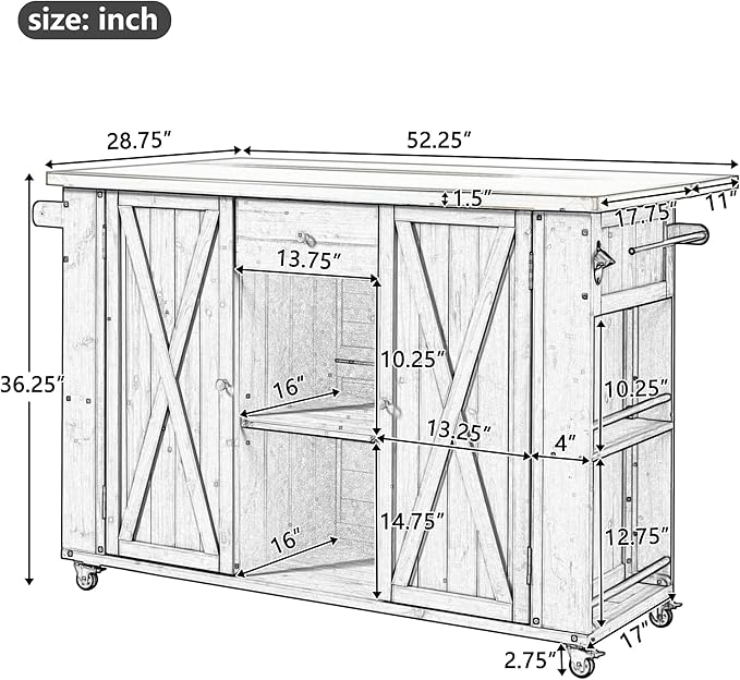 Outdoor Kitchen Island Fir Wood Kitchen Island with Stainless Steel Top,Ample Storage Space, Towel and Spice Racks and a Bottle Opener for Outdoor (Black@53)