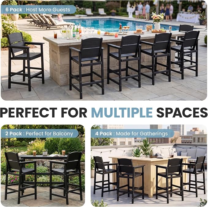 HDPE Outdoor Bar Height Chairs Set of 6, 28.5" Seat All-Weather High Top Patio Stools with Backrest, Heavy Duty Patio Bar Stools with Arms, High Top Outdoor Chairs for Deck/Party/Pool, Black