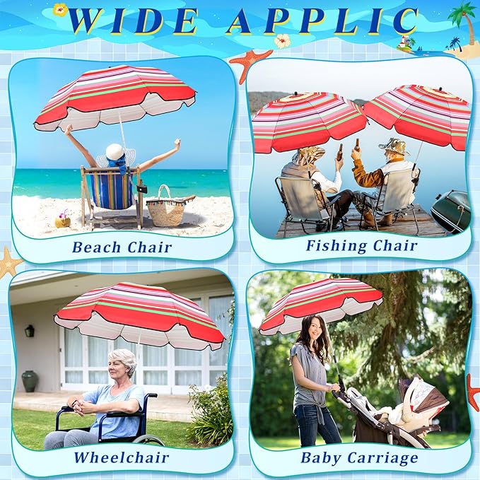 Buryeah 2 Pcs Beach Chair Umbrella Automatic with Universal Adjustable Clamp 44" UPF 50+ Portable Clamp on Beach Chair for Wheelchair Patio Golf Carts Camping