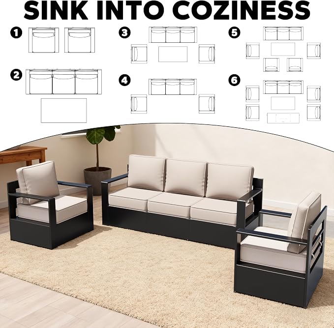 Aluminum Patio 79" Sofa Set with 2 Armchairs, All Weather Outdoor Conversation Furniture Set with Metal Armrest & 6" Water-Resistant Cushions & Furniture Covers for Deck Porch (Beige)