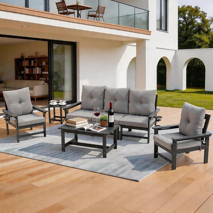 7-Piece HDPE Patio Conversation Set w/ 4 Cup Holders, All-Weather Outdoor Sectional Furniture, Thick Washable Cushions, Coffee Table & Side Table for Backyard Porch Poolside, Grey