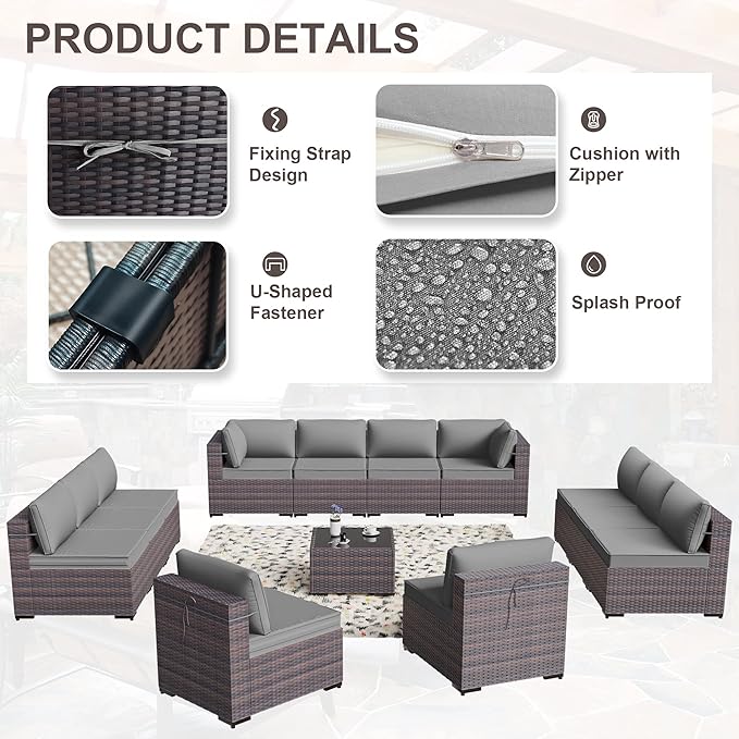 Kurapika 14 Pieces Patio Furniture Set, Rattan Wicker Outdoor Conversation Sets w/43in Propane Fire Pit Table and 4 Inch Cushion(Grey)