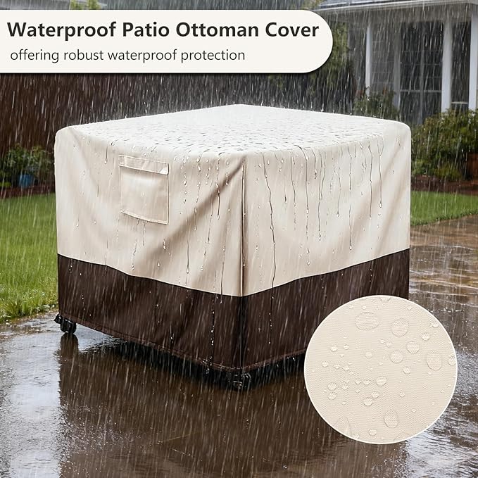 Patio Ottoman Cover Waterproof Patio Wicker Side Table Cover, 25W x 25D x 18H Inches Outdoor Lawn Patio Furniture Covers, Beige