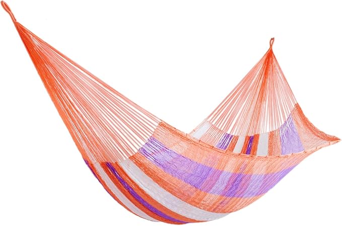 NOVICA Purple Orange Striped Hand Woven Nylon Mayan 2 Person XL Rope Hammock with Hanging Accessories, 'Melon Stripe' (Double)