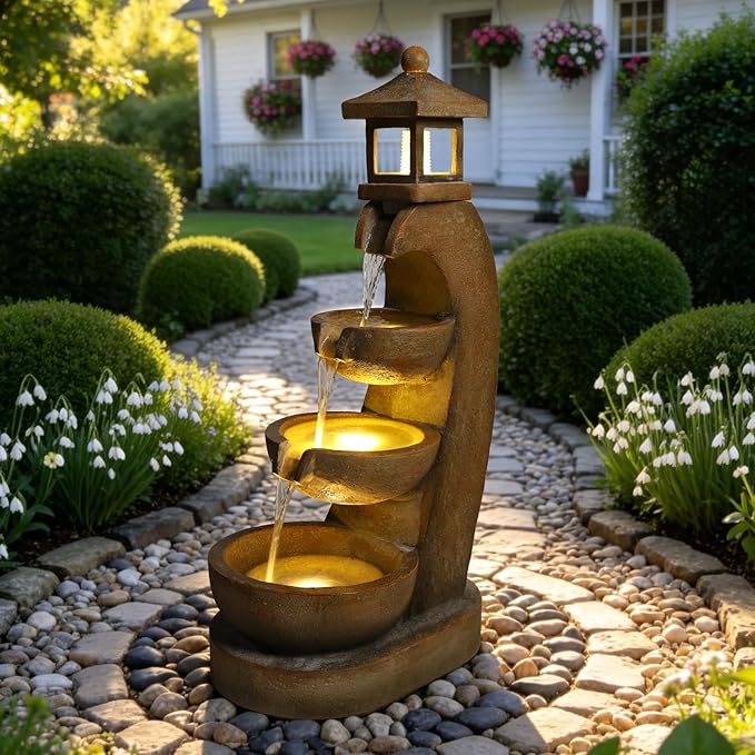 35.4" H Modern Lighthouse Outdoor Water Fountain with LED Lights and Pump, Floor Standing Waterfall Feature Outdoor Garden Fountain for Garden, Porch, Patio and Backyard Decor, Brown