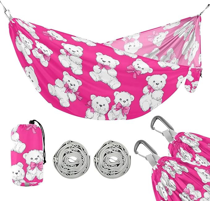 Camping Hammock Outdoor Hammocks for Outside White Bear Bow Hotpink Beach Trees Portable Lightweight with Pockets Tree Straps Indoor Small