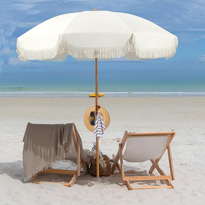 Seazul 7.5ft Patio Umbrella with Fringe, Beach Umbrella, Fringe Umbrella Outdoor Patio with Hanging Hook, Tilting Aluminum Pole, UV 50+, Fiberglass Ribs, Elegant Cream