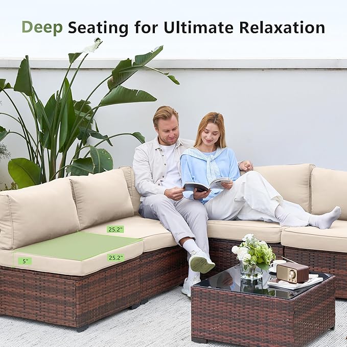 Amopatio Patio Furniture Set 7 Pieces Patio Conversation Set Outdoor Sectional Wicker Rattan Sofa with All-Weather Cover, Patio Furniture with Pillows Fits Porch Garden Backyard Balcony (Cream)