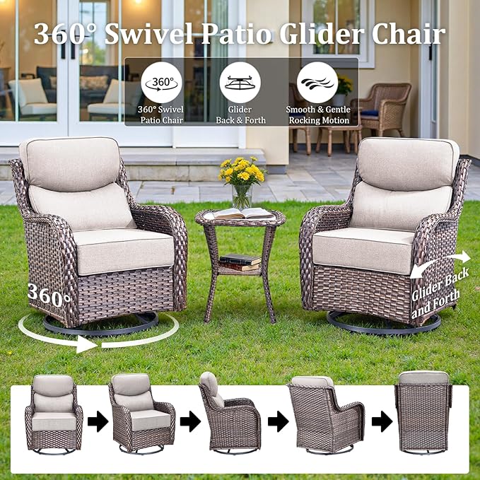 Luxury Patio Furniture Set with 42.5" Fire Pit Table, 6 Pieces High Back All Weather Wicker Outdoor Furniture w/ 6-Inch Thick Cushions, Patio Swivel Chairs Couch for Deck Balcony Backyard Brown/Beige