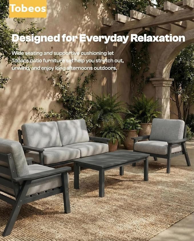 HDPE Patio Furniture Set 8 Seats, Outdoor Couch with Washable Thick Gray Cushions & Side Table, Outdoor Sectional Furniture for Backyard, Deck, Lawn, Porch (Gray Frame)