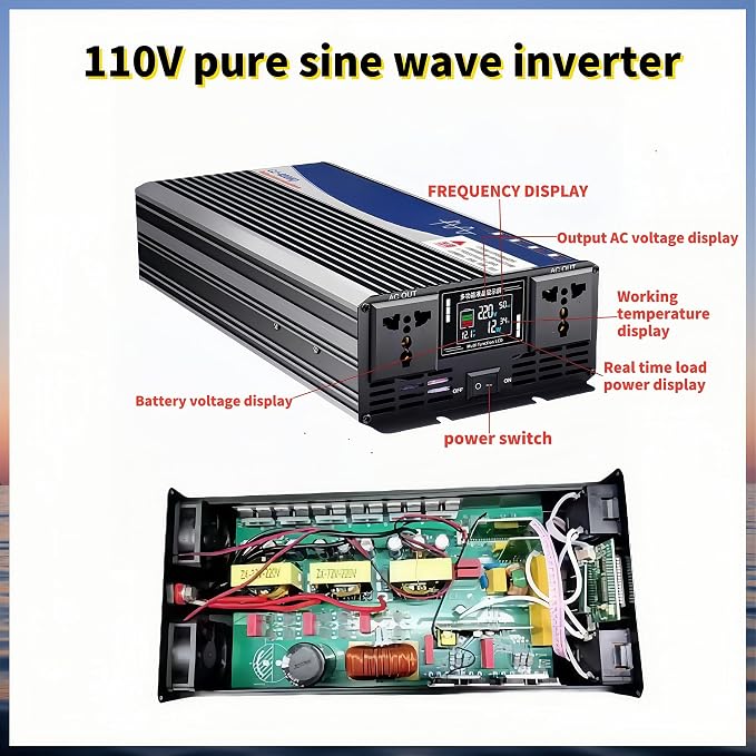 5000W Power Inverter 60V DC to 110V AC Converter with LED Display Dual AC Outlets Dual Fans Radiating for RV, Camp, Boat and Home Emergency Portable Pure Sine Wave Inverter (Smart Screen, 5000W 60V)