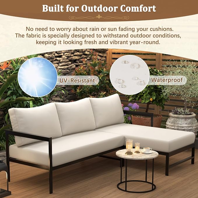 VilroCaz Outdoor L-Shaped Sectional Sofa with 5.9'' Ultra-Thick Cushions, All Weather Patio Conversation Set with Iron Frame for Balcony Garden (Beige-3.24)