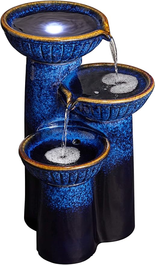 3-Bowl 26 3/4" High Large Modern Outdoor Decor Blue Cobalt Ceramic Floor Fountain with Light LED Standing Waterfall Tiered Water Feature for Outside Garden Patio Yard Backyard - John Timberland