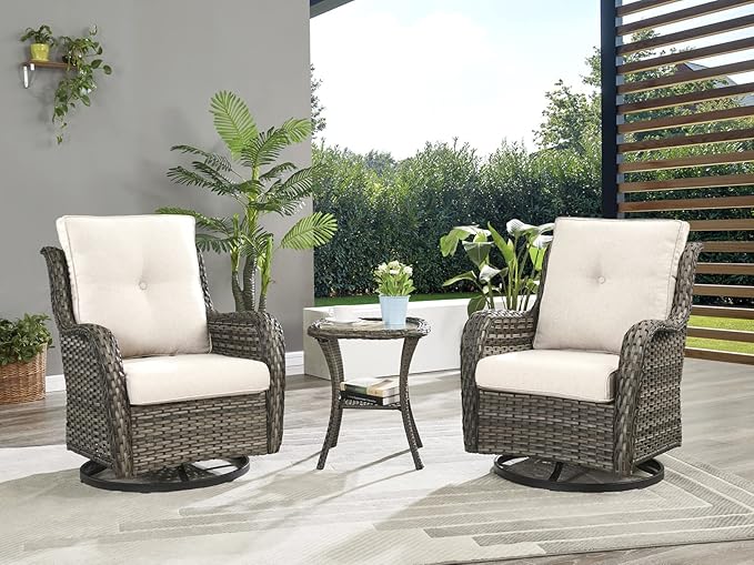 Rilyson Wicker Rocking Chair Swivel Chairs - 3 PC Rocker Patio Furniture Set Rattan Rocking Bistro Sets with Glass Top Side Table for Outdoor Porch Deck Garden Backyard (Mixed Grey/Beige)