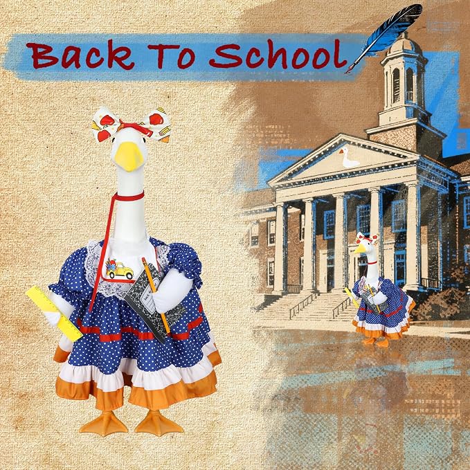 Back to School Porch Goose Outfit for 23" Plastic/Cement Porch Goose Statue | School-inspired Retro Polka Dot Dress with Pencil, Notebook, Ruler, Ideal for School Outdoor Garden, Yard, Patio, Porch Decor