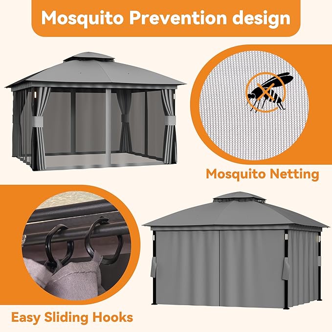 Covered Outdoor Patio Gazebo 10'x12' with LED Lights & Bluetooth Speaker, Heavy Duty Outdoor Canopy Shelter with Metal Frame, Double Roofs, Soft Top Gazebo with Netting and Curtains for Backyard, Gray