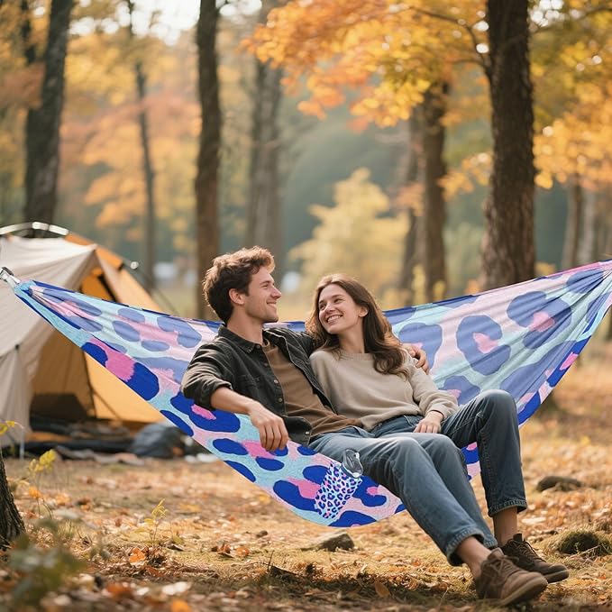 Blue-Pink Leopard Print 330lb Capacity Hammocks Rope Hammock for Outside Patio Garden hamaca con soporte para adultos