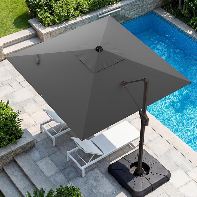 GENTEACO 10X10 FT Cantilever Umbrella, Large Offset Patio Umbrella with 6 Angle Tilts & 360° Rotation, Large Square Sun Umbrellas for Outdoor Patio Pool Deck Market, Grey