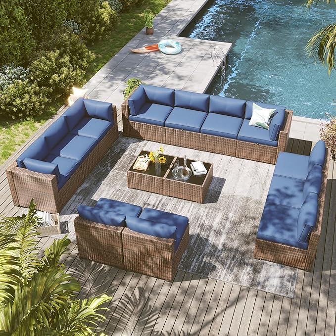 LazySunsets 14 Piece Outdoor Patio Furniture Set with Coffee Table, Outdoor Patio Furniture Sets with Waterproof Cover and Thicken Cushion, Wicker Outdoor Conversation Set for Backyard & Garden, Blue