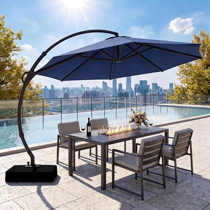 LAUSAINT HOME 12ft Patio Cantilever Umbrella with Base Included, Outdoor Curvy Round Offset Umbrella, Heavy Duty Aluminum, 360° Rotation for Pool, Deck, Lawn, Backyard (Navy blue)