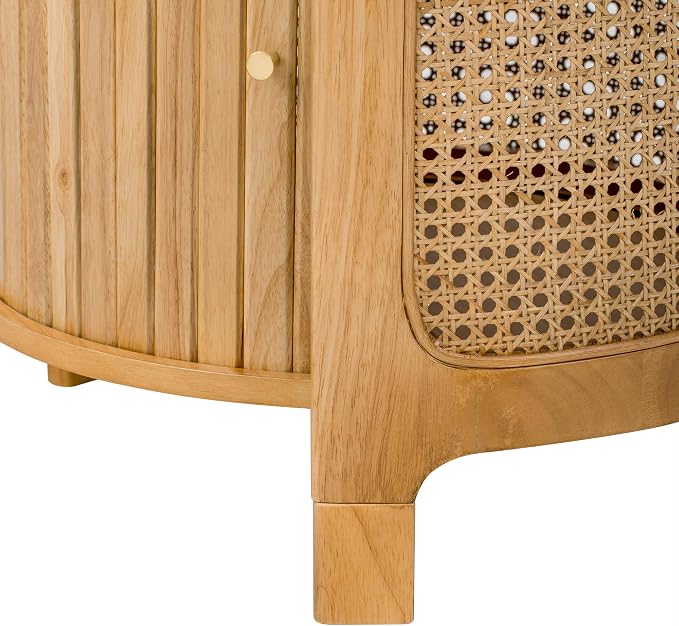 Merax Small Round Rotating Coffee Table with Hidden Storage, 19.8 Inch Modern Indoor/Outdoor Natural Rattan Coffee Table with Wood Fluted Sliding Door, for Patio Garden Balcony or Living Room