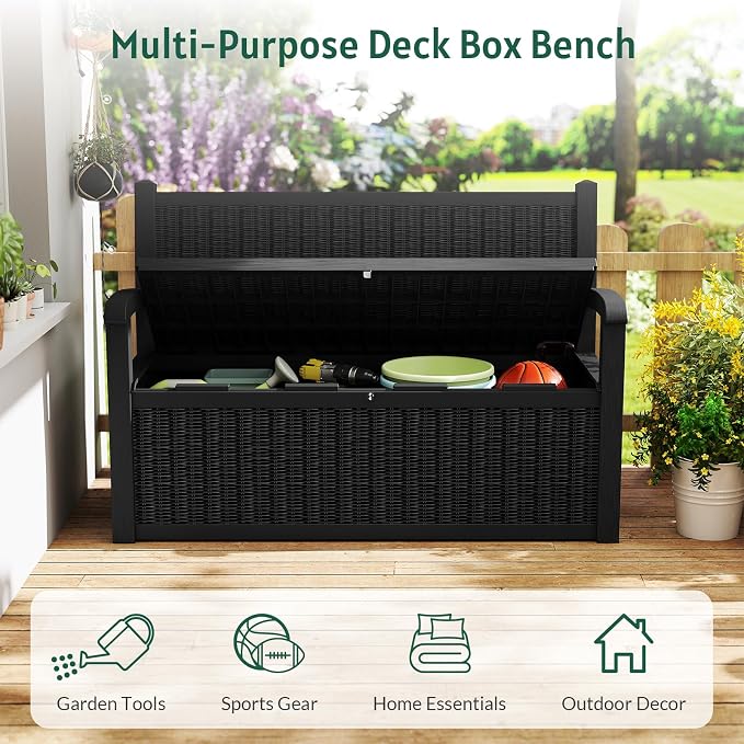 Skepphlay 70 Gallon Storage Bench Outdoor, Deck Box Bench with Armrest, Lockable Outside Benches with Storage, Deck Boxes Waterproof for Pool Patio Garden (Black)