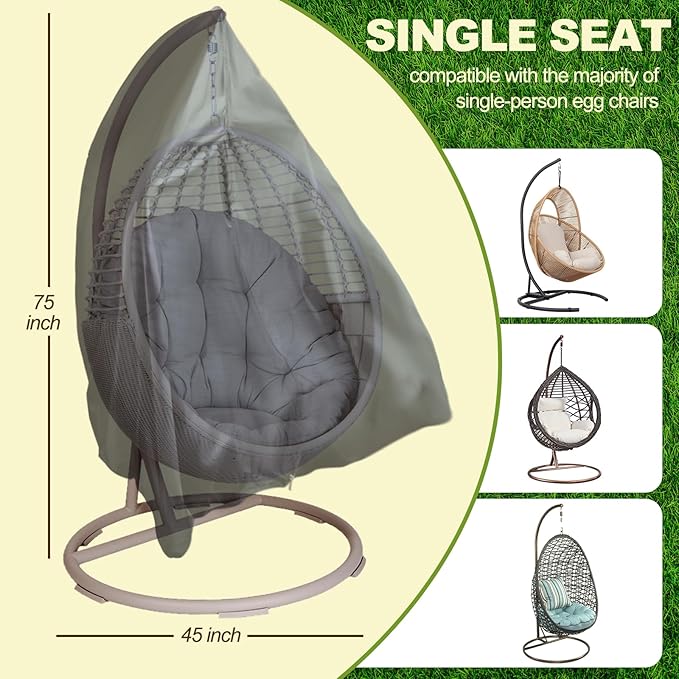 Egg Chair Cover for 75"x45" Outdoor Hanging Egg Chair With Stand, High-Density Oxford Fabric with Rain Protection, Zippered Weather-Resistant Patio Cover, Waterproof Black with Storage Bag
