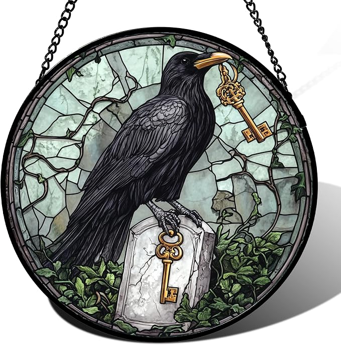 Stained Glass Window Hanging - Halloween Crow Holding A Key Suncatcher for Doors Garden Home Spooky Green Vines Sun Catchers Gothic Decor Horror Gift for Women Men Friend Boy Girl 9.8 in