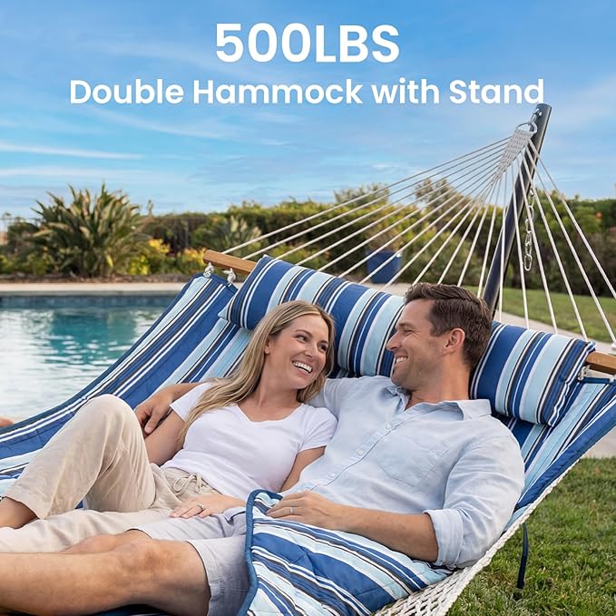 Double Hammock with Stand – Portable Cotton Rope Hammock with Removable Quilted Pad & Pillow, Adjustable Steel Frame for Patio, Backyard, Garden, Park, Camping & Outdoor Relaxation – Blue