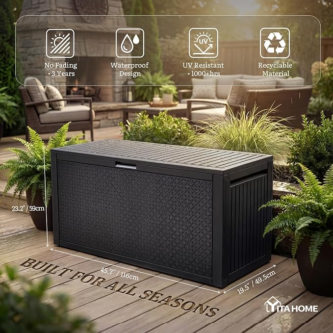 YITAHOME 95 Gallon Outdoor Storage Deck Box, Waterproof Resin Deck Box w/Handles, Lockable Outdside Deck Box for Patio Furniture, Garden Tools, Lockable & UV Resistant(Black)