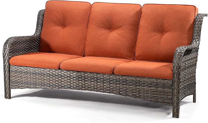 Wicker Patio Furniture Sets 7 Piece Set with One 3-Seat Sofa, 4 WIkcer Chairs, 2 Ottomans, Wicker Outdoor Furniture Set Patio Conversation Set, Orange