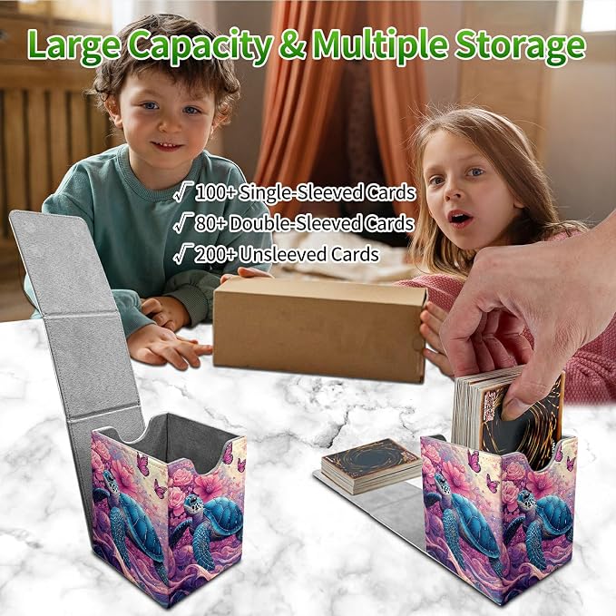 Pink Flower Turtle Card Deck Box for MTG, Personalized Card Storage Case Fits 120+ Sleeved Cards, Premium Leather TCG Box with Strong Magnetic Closure for Magic, CCG, PTCG, Baseball Cards