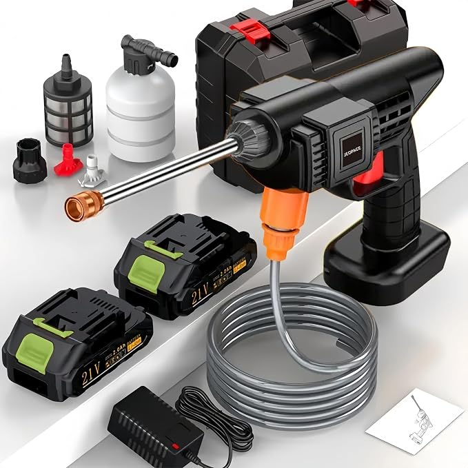 Cordless Pressure Washer, 21V, 2 Batteries, Charger, Hose, Accessories Included, 15000 r/min, Portable Power Washer (Black Water Gun - Toolbox - Powerful Battery*2)
