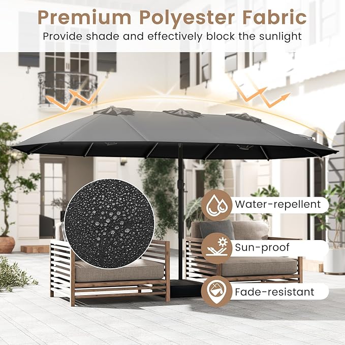 Tangkula 15FT Double-Sided Patio Umbrella with Base, Extra-Large Market Umbrella W/Crank System, Outdoor Twin Umbrella W/ 12-Rib Metal Structure & Air Vents for Garden, Backyard, Poolside