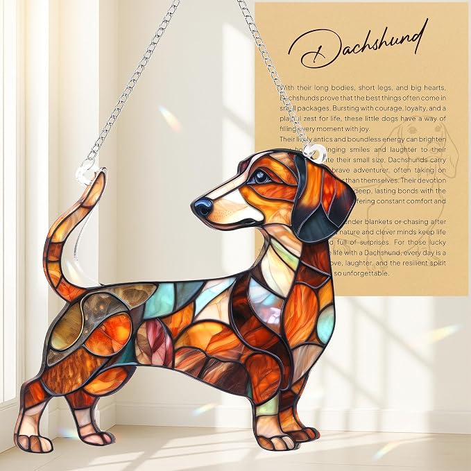 Dachshund Gifts for Women, Colorful Dachshund Ornament for Window Hanging | 5.9"x5" Acrylic Suncatcher Ornament Faux Stained Glass, Dog Lovers Gifts for Women, Dogs Christmas Ornaments for Tree Hanging